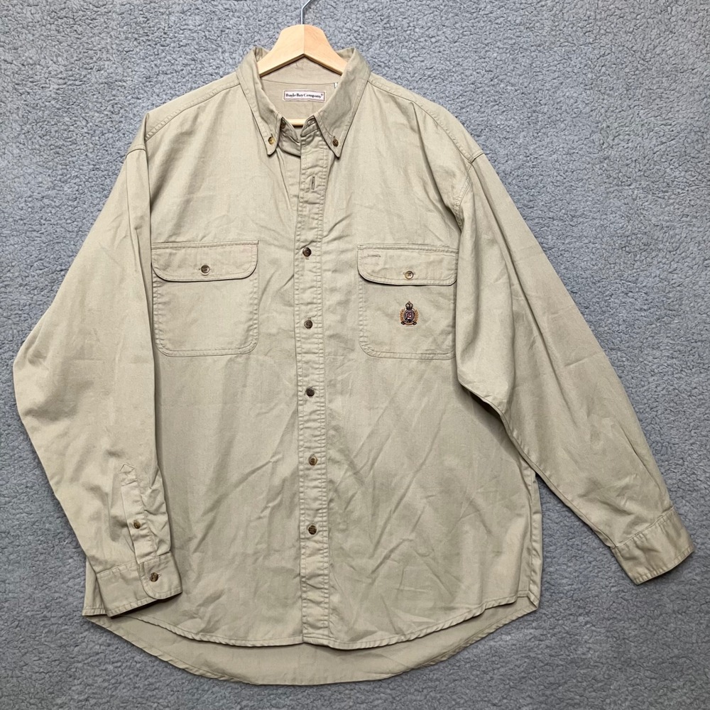 VTG Bugle Boy Company‎ Button Up Shirt Men L Khaki Tan Cotton Long Sleeve Safari
